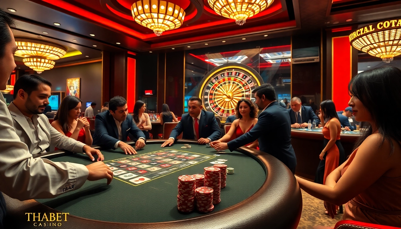 Players enjoying poker at Thabet casino, showcasing vibrant chips and cards on the table.