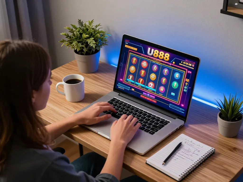 Engaging in U888 online casino gaming with detailed strategy notes on the desk.