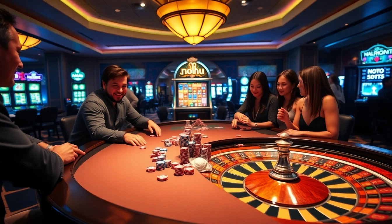 Nohu-themed luxury casino scene showing poker action and vibrant slot machines.