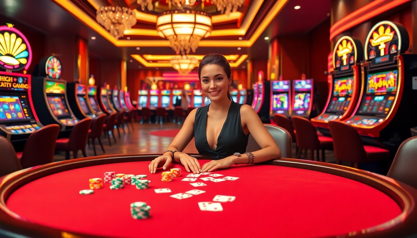 A game queen strategizes at a luxurious poker table, surrounded by colorful chips and vibrant slot machines.