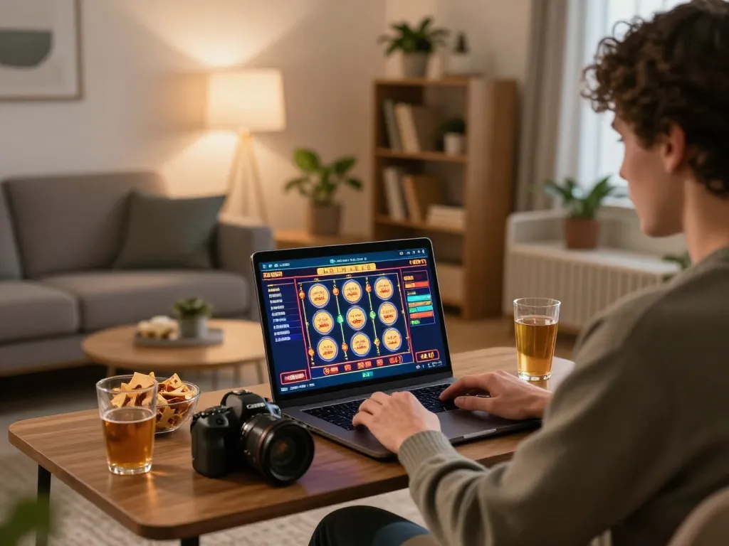 Play online casino games at https://ymm88.cyou/ from home on laptop, showcasing a relaxed gaming atmosphere.