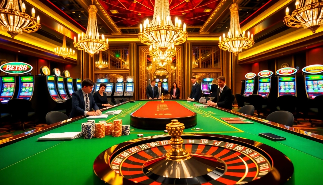 Players enjoying high-stakes action at a BET88 casino table with vibrant chips and cards.