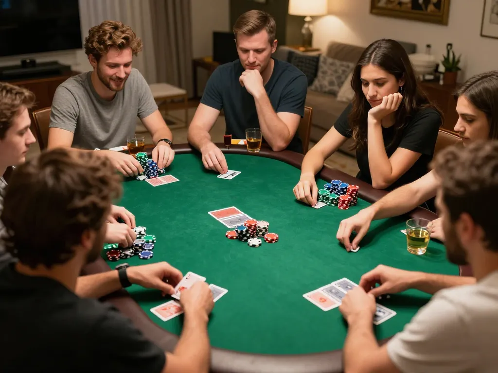 Friends playing poker with chips and cards at home, enjoying a strategic session with 88aa excitement