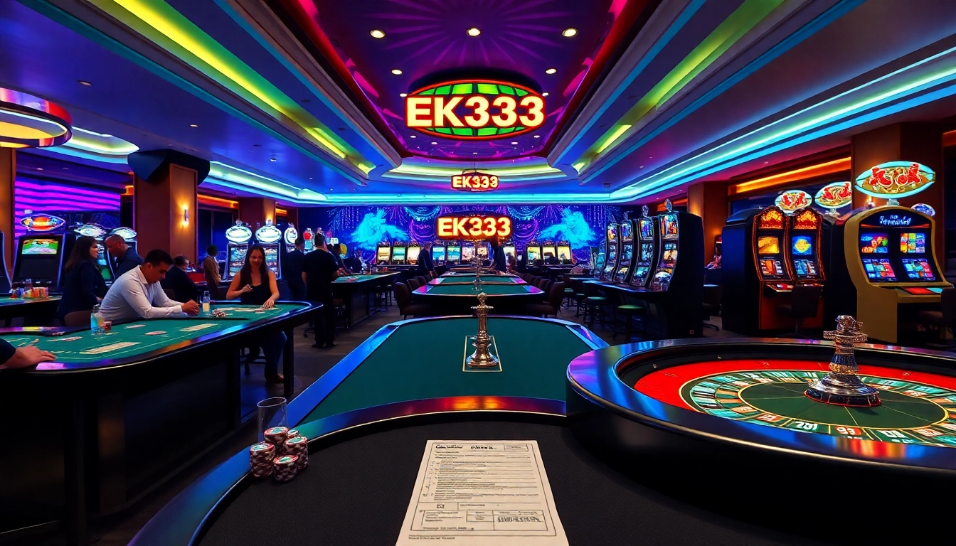 Players enjoying a thrilling game at the EK333 casino, featuring poker tables and vibrant slot machines.