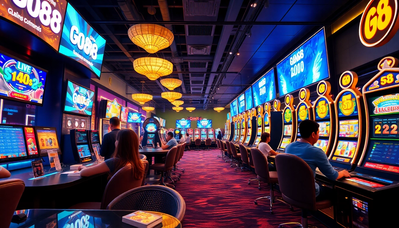 Go88 online gaming environment with players, vibrant casino tables, and jackpot displays.