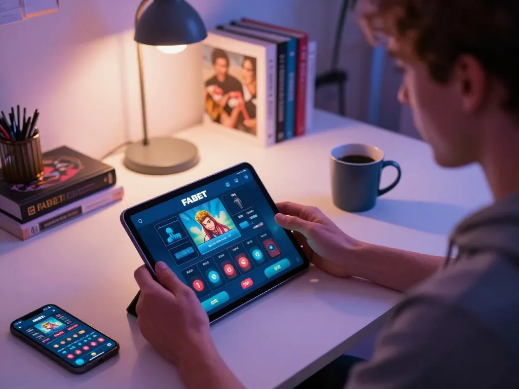 FABET user engaging with an online gaming app on a tablet while analyzing betting strategies