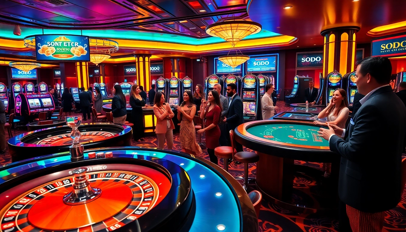SODO casino scene with vibrant tables, players enjoying roulette and slots, creating excitement and luxury.