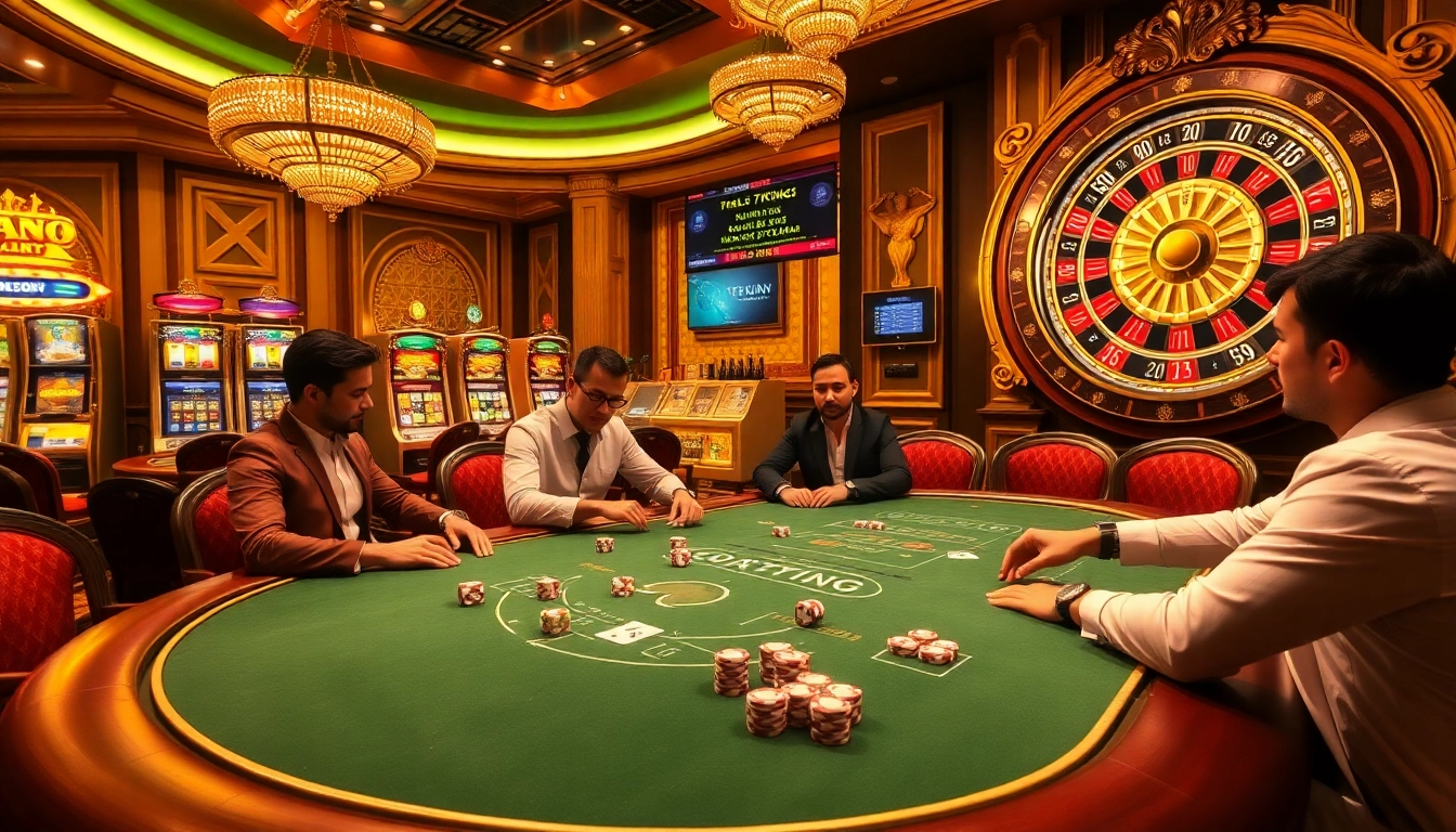 High-stakes poker at a luxurious casino scene, showcasing 79king4 elements and vibrant gaming atmosphere.