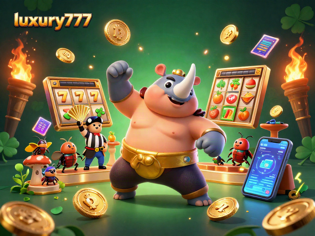 Permainan slot luxury777 dengan kejuaraan badak rhinoceros yang memukau dan koin emas berterbangan.