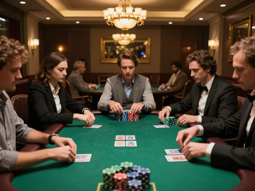 transcrime players engaged in exciting poker game with chips and cards at upscale poker table
