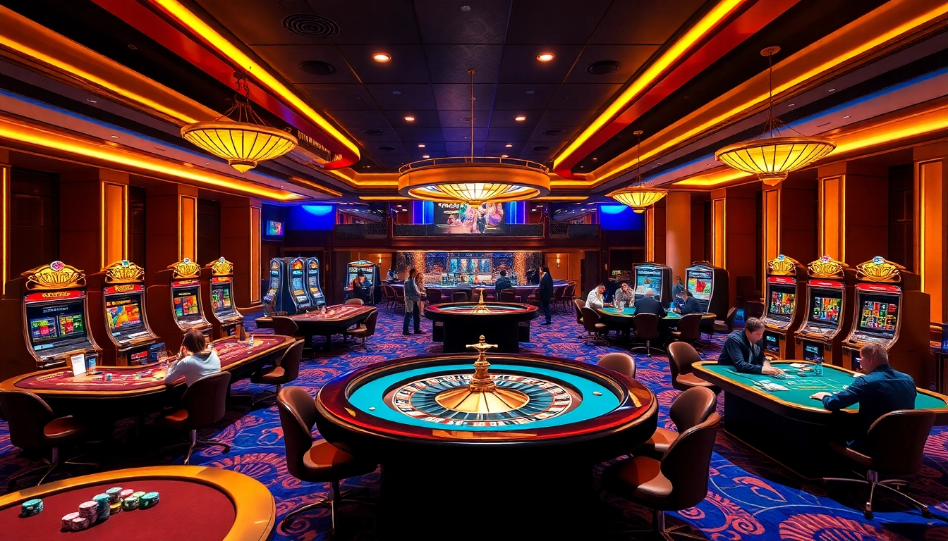 Exciting gambling scene at https://lv88.ltd/ featuring players at casino tables and vibrant slot machines.