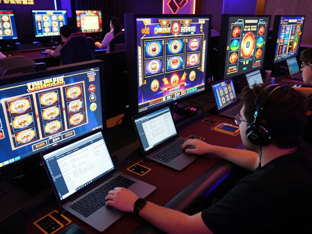 Pemain menguasai ombak88 dalam pengaturan perjudian online yang imersif dengan beberapa layar dan catatan strategis.