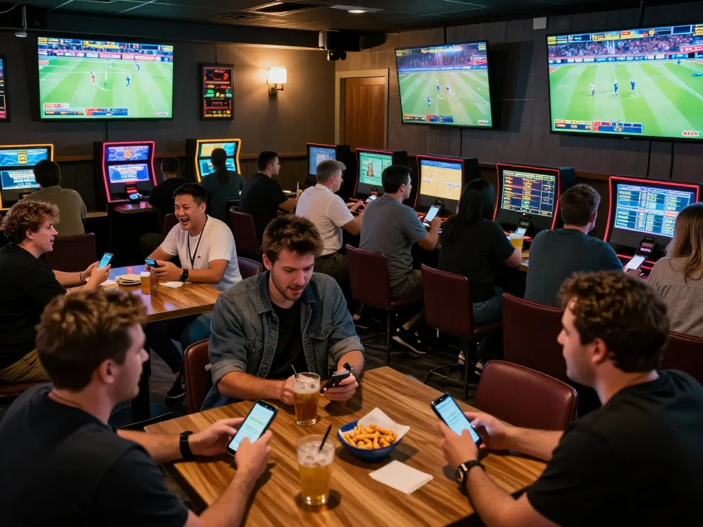 Kèo nhà cái hôm nay live sports betting excitement in active sports bar with patrons engaged