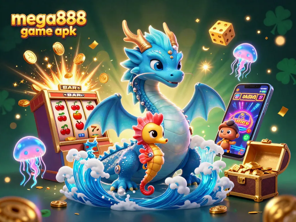 Play exciting games with mega888 game apk in this vibrant 3D casino scene featuring iconic symbols.