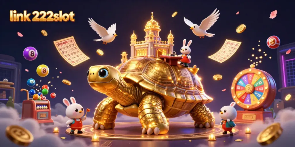 Memenangkan peluang di link 222slot dengan ilustrasi kasino 3D karakter berwarna-warni dan elemen lotere.