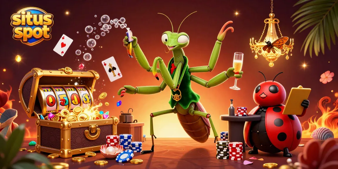 Experience situs slot action with a giant praying mantis dealer managing vibrant casino elements.