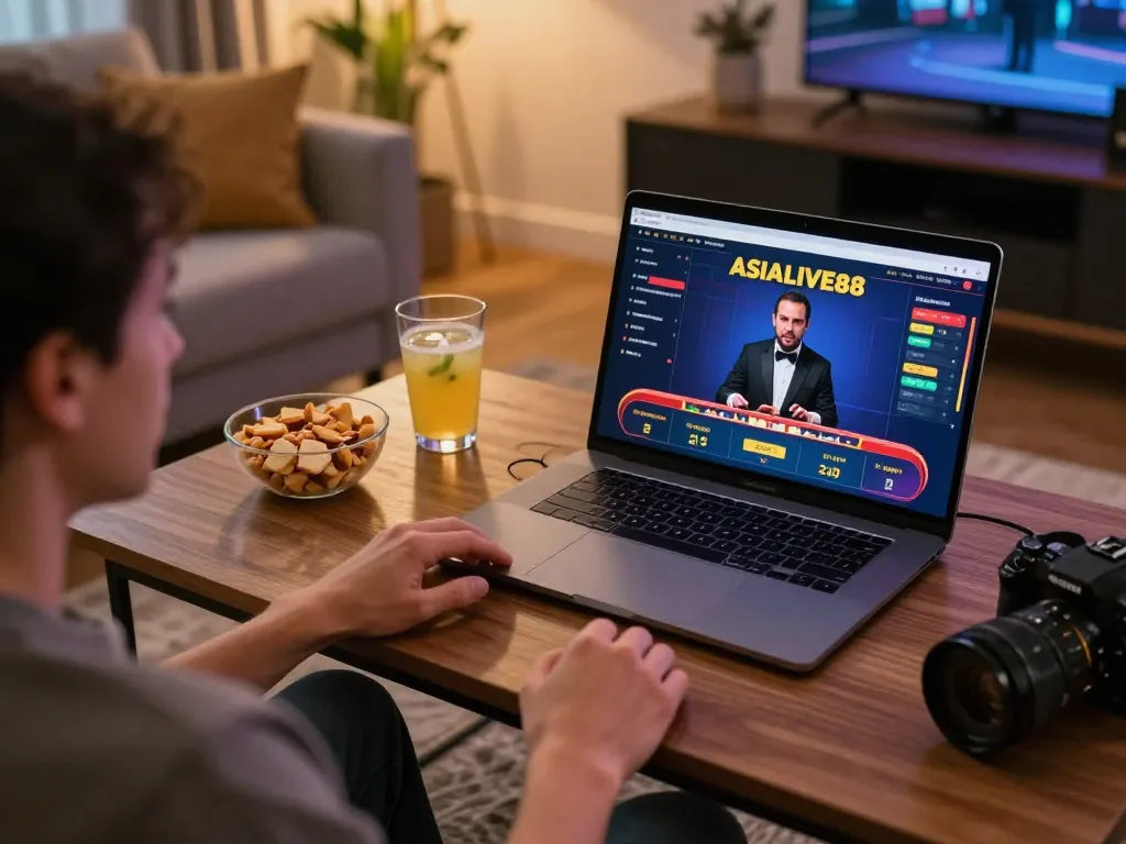Engaging in live casino gameplay on the Link Alternatif Asialive88 platform from a cozy home setting.
