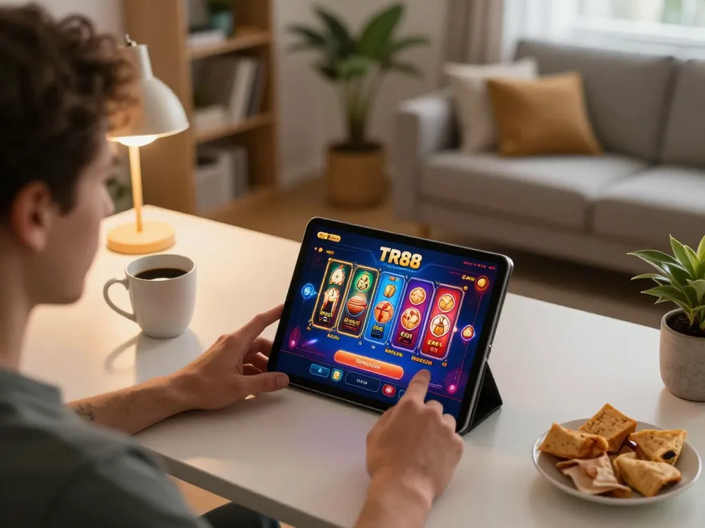 Player engaging in exciting online gaming at TR88 casino on tablet in cozy home setting.