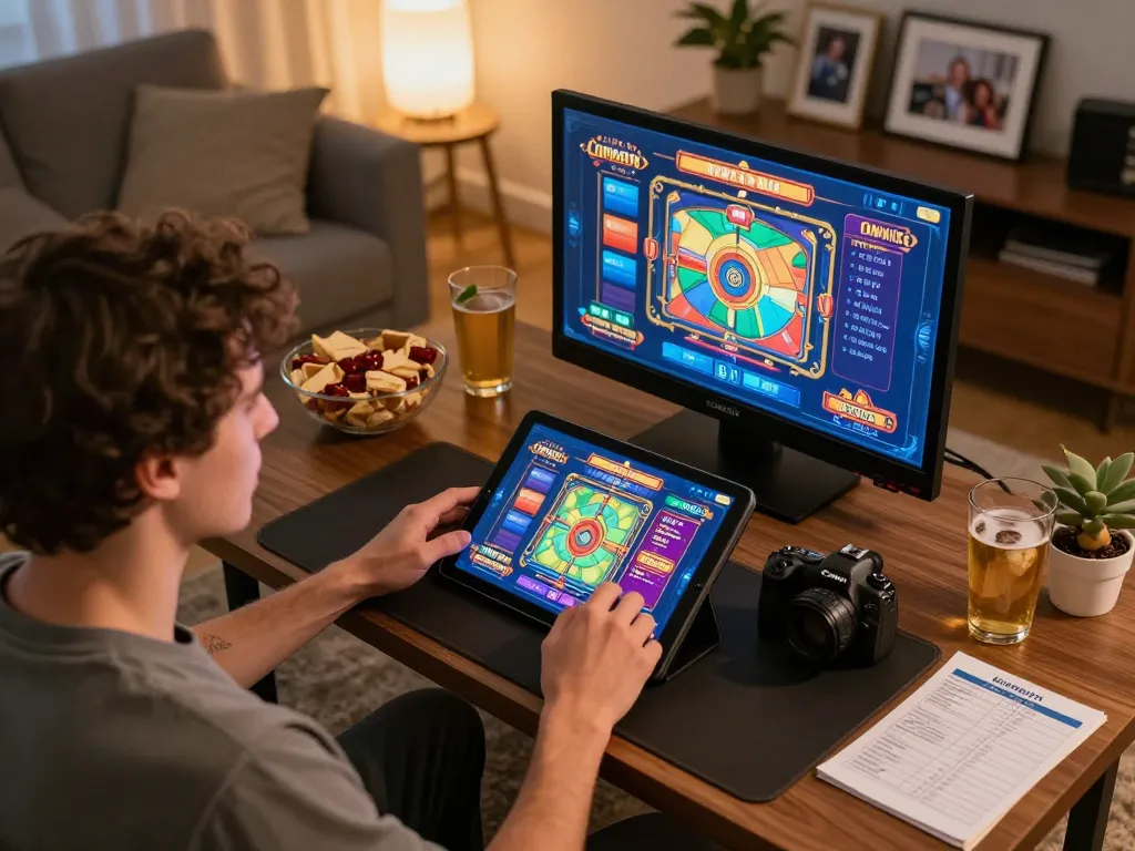 Engaging in slot online gameplay while enjoying a cozy home atmosphere with snacks.