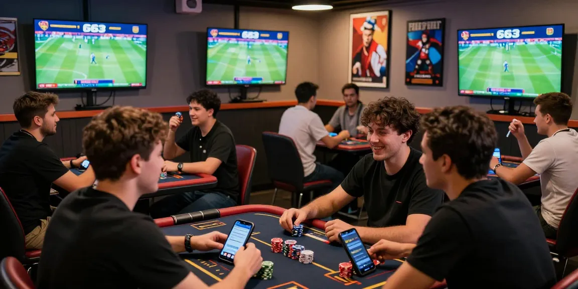 Exciting social scene at a betting lounge with friends enjoying 663 bet platform.