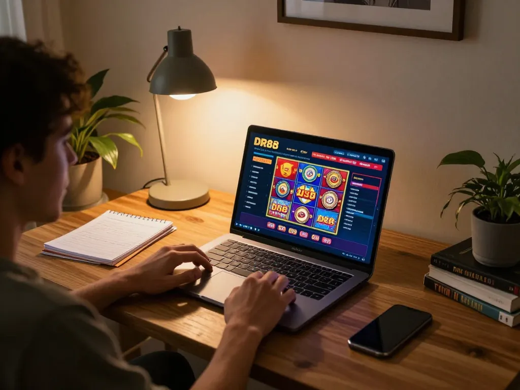 Engaging in online gaming at home with DR88 casino interface on the laptop, emphasizing responsible gambling.