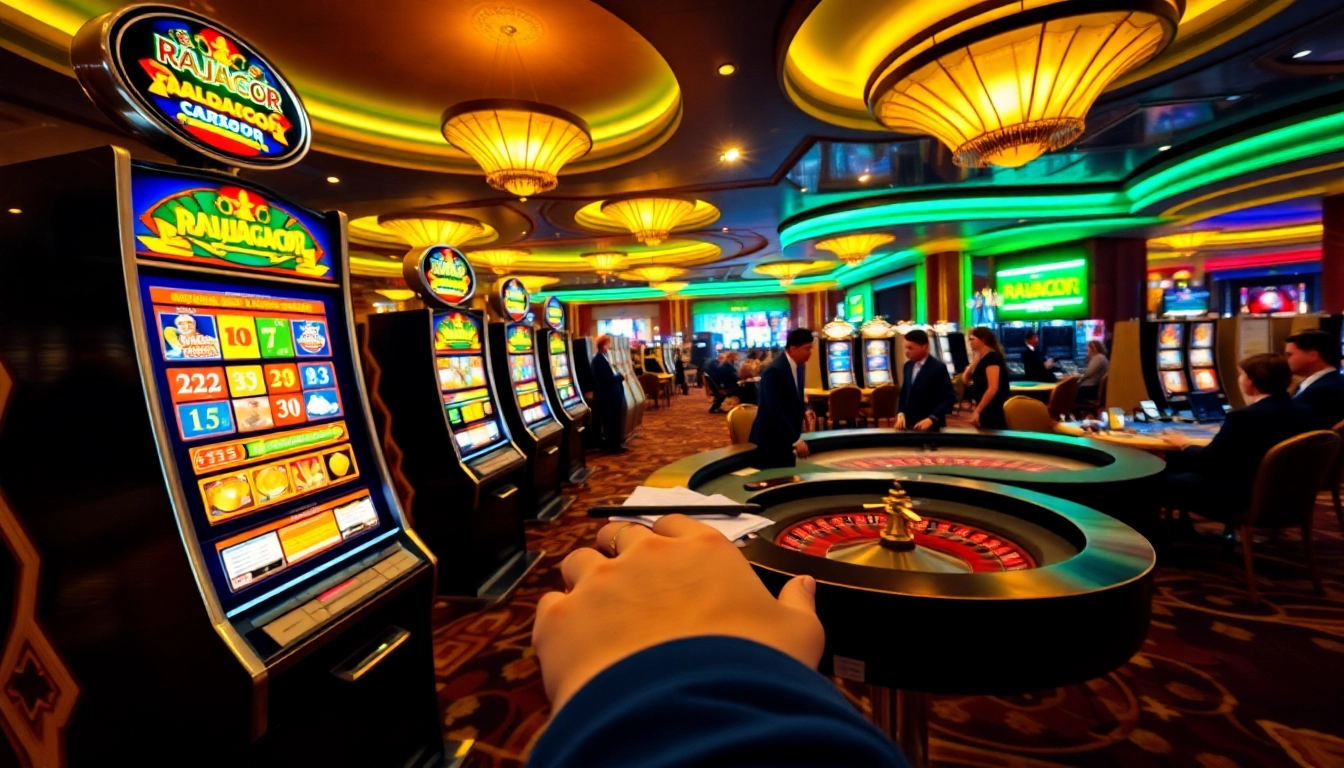 Players experience the excitement of RAJAGACOR slot machines in a lively casino atmosphere.