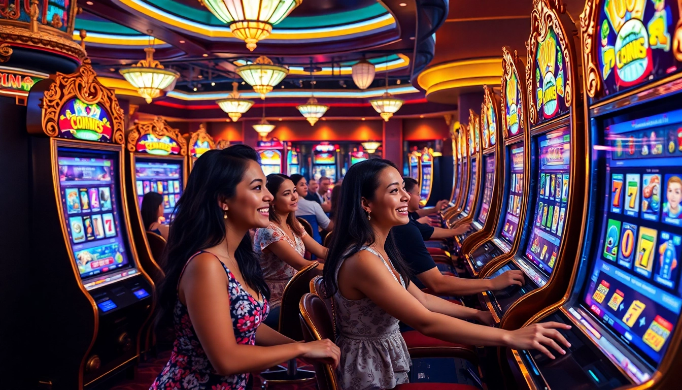 Gamblers enjoying the excitement of slot machines in a vibrant casino setting.