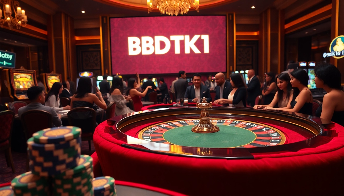 Players engaging with roulette at a luxurious casino, featuring BDTK1 branding.