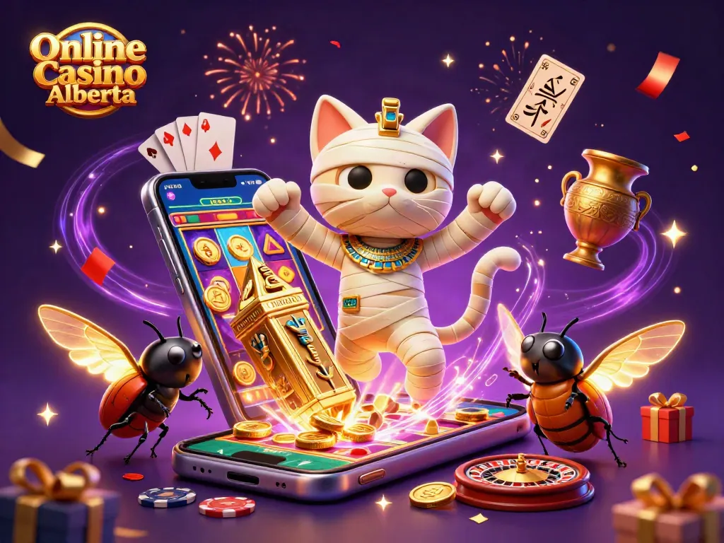 Spin exciting slots at Online Casino Alberta with a vibrant 3D casino illustration featuring unique characters and game elements.