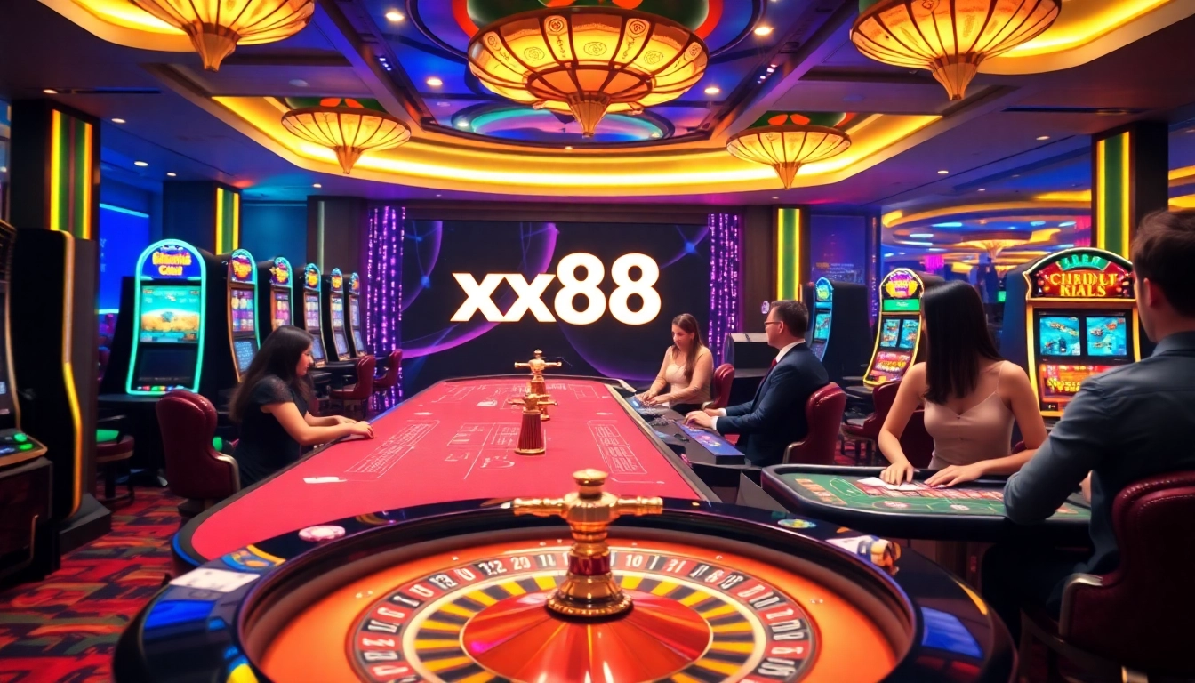 Players enjoying high-stakes games at XX88 casino, featuring vibrant tables and slot machines.