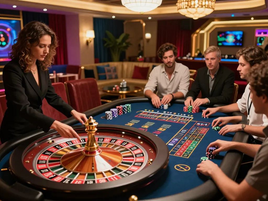 Engaged players at Win678 roulette table, showcasing thrilling gameplay and upscale casino atmosphere.