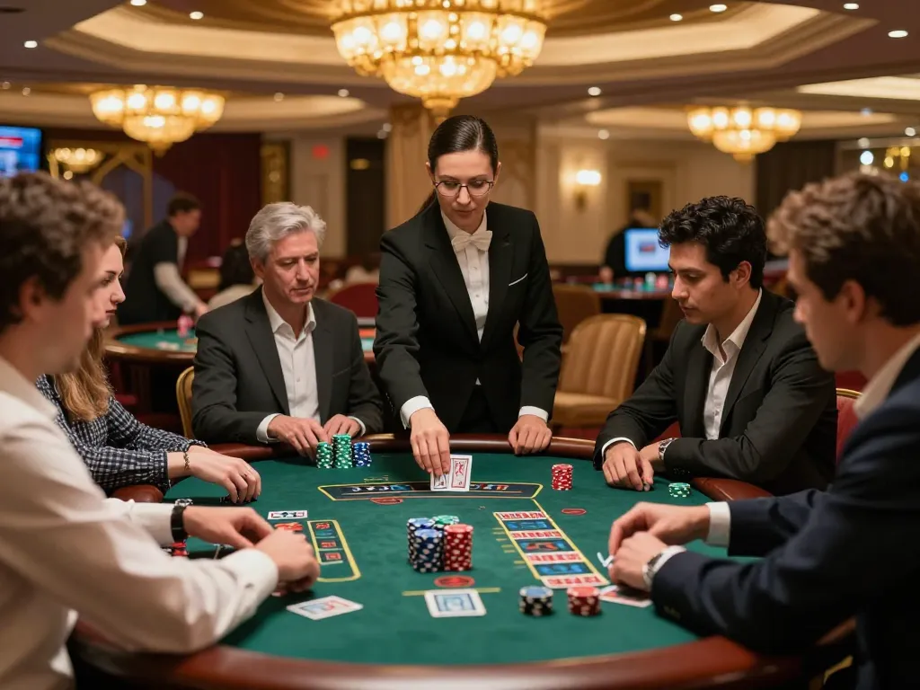Sesi permainan Kiu77 di meja blackjack yang elegan, para pemain fokus pada strategi dan taruhan.