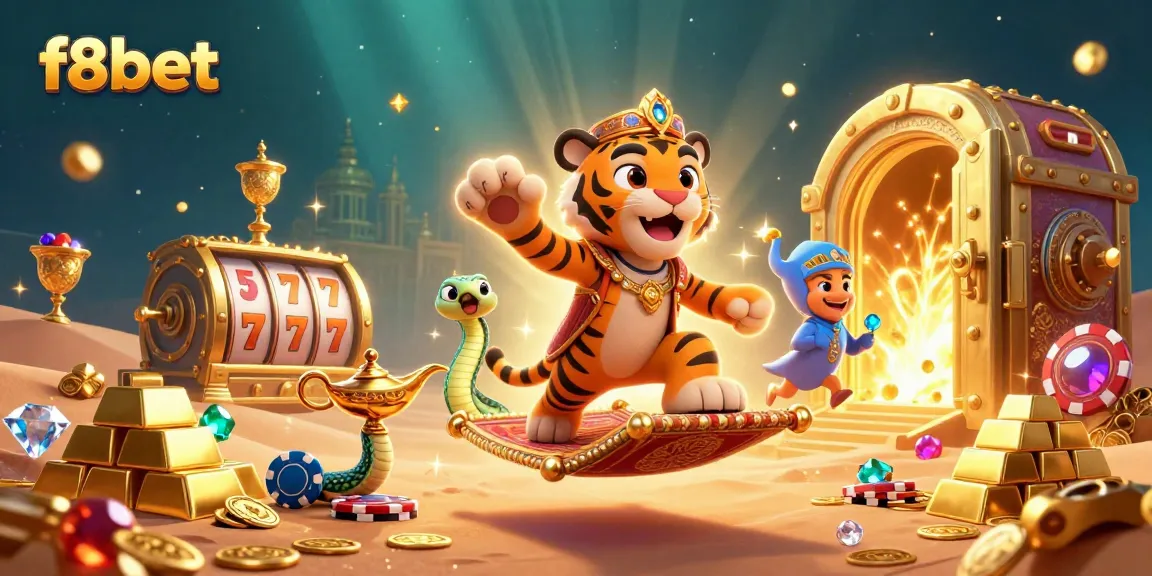 Join the f8bet adventure with a tiger sultan and treasures in an online casino scene