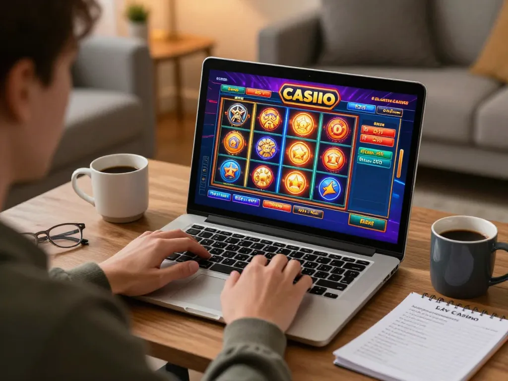 A person enjoying gameplay at Alev Casino on laptop, showcasing vibrant slots interface.