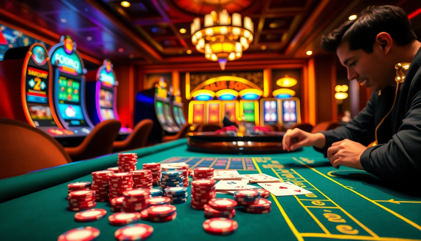 Experience the thrill of gambling with link vào bong88 at a luxurious casino table filled with chips and cards.
