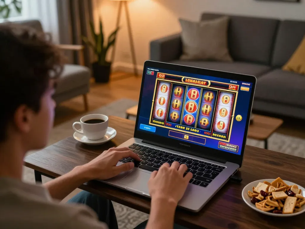 Agen Slot player enjoying a thrilling online gaming session on a laptop in a cozy living room