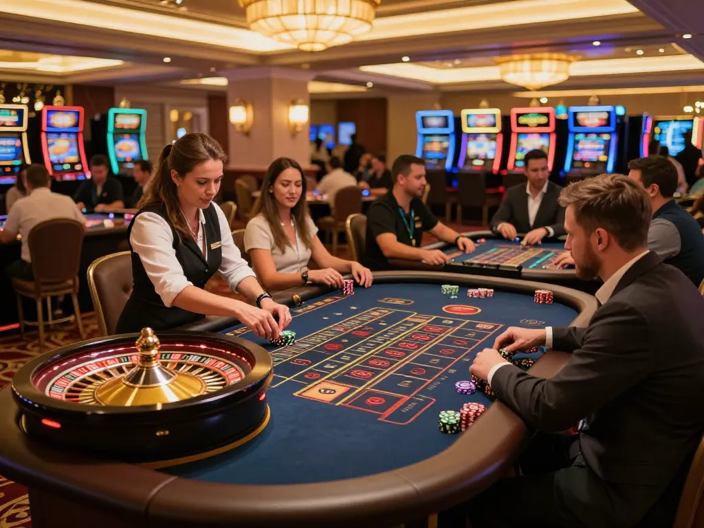 F8BET players engaged in exciting roulette game, croupier spinning wheel amidst luxurious casino atmosphere