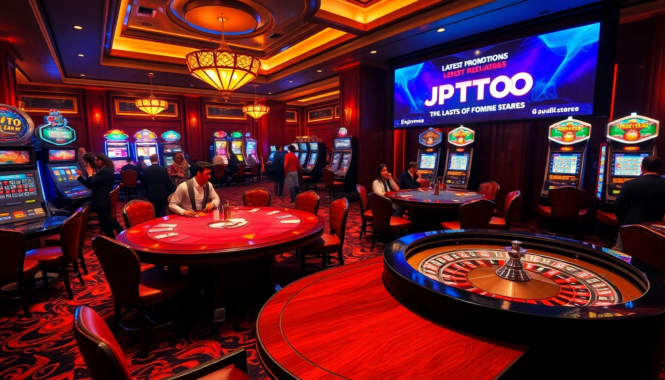 Pemain terlibat dalam permainan intens di meja poker kasino JPTOTO dengan mesin slot yang hidup.
