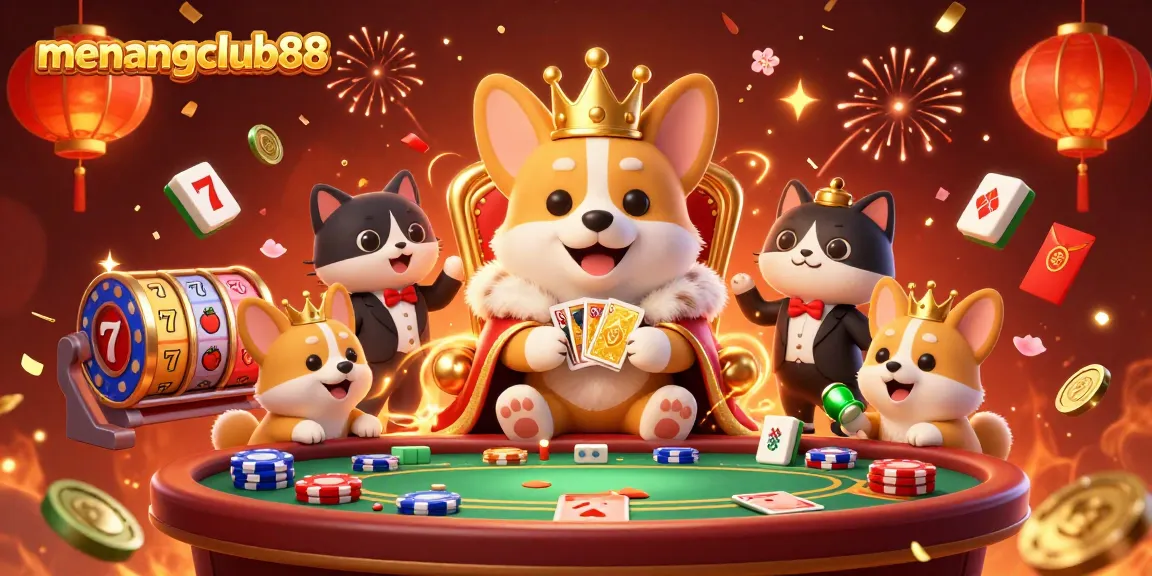 Join the festive atmosphere at menangclub88 with a royal corgi surrounded by poker and slot excitement.