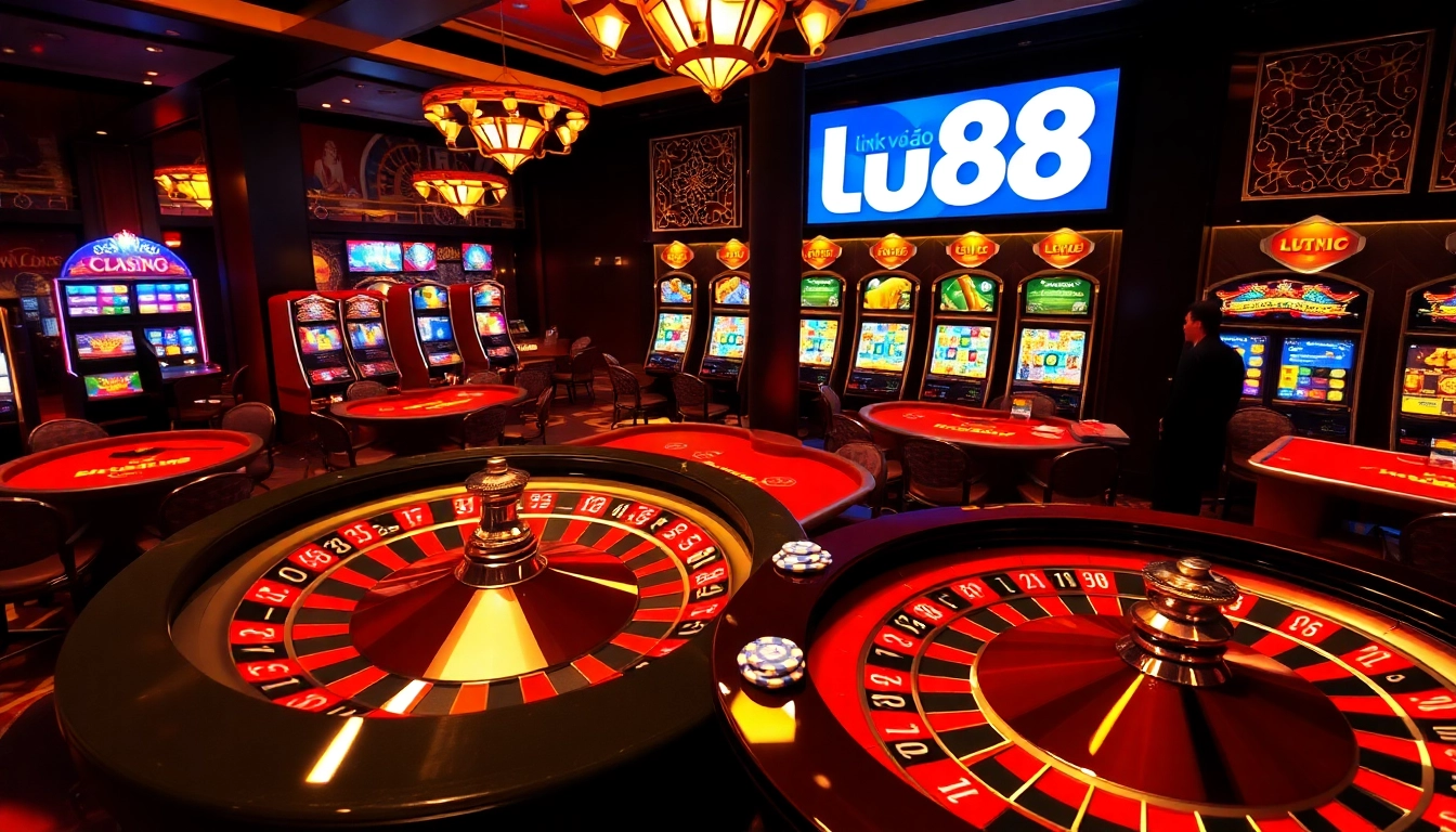 Experience the thrill of gambling with link vào lu88 at a vibrant casino filled with poker tables and slot machines.