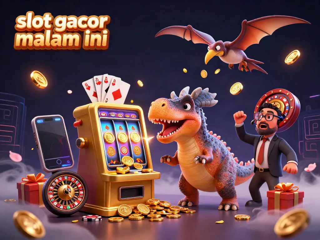 Karakter slot gacor malam ini menampilkan pachycephalosaurus yang headbutting mesin slot emas di kasino.