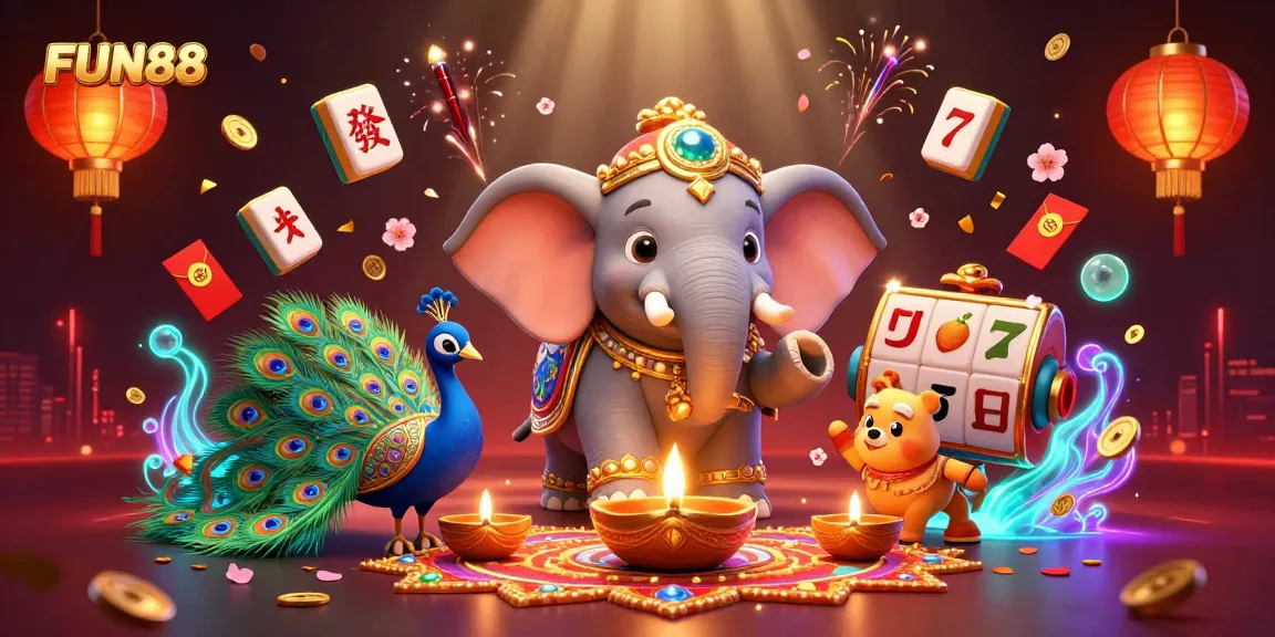 Engage with FUN88's vibrant casino experience featuring an elephant, peacock, and dynamic gambling elements.