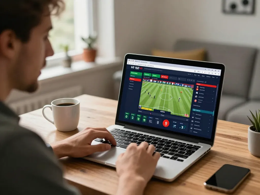 Person engaging in live sports betting on lode88 website from home office.