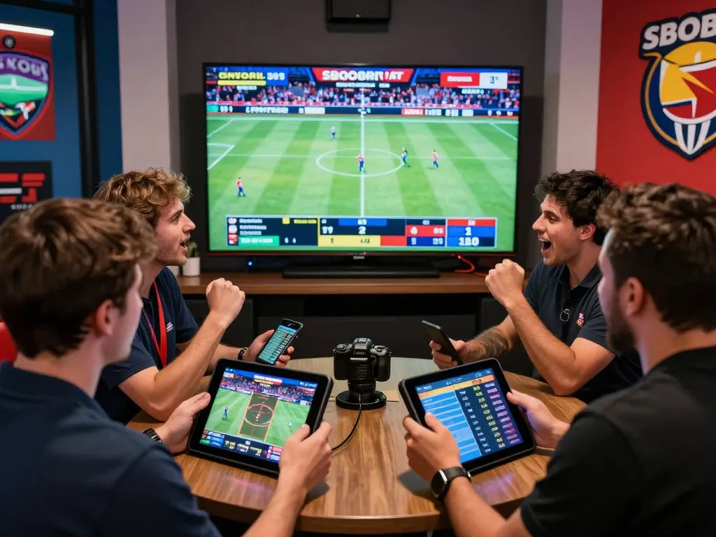 SBOBET betting enthusiasts engaging over live sports events in a vibrant sportsbook.
