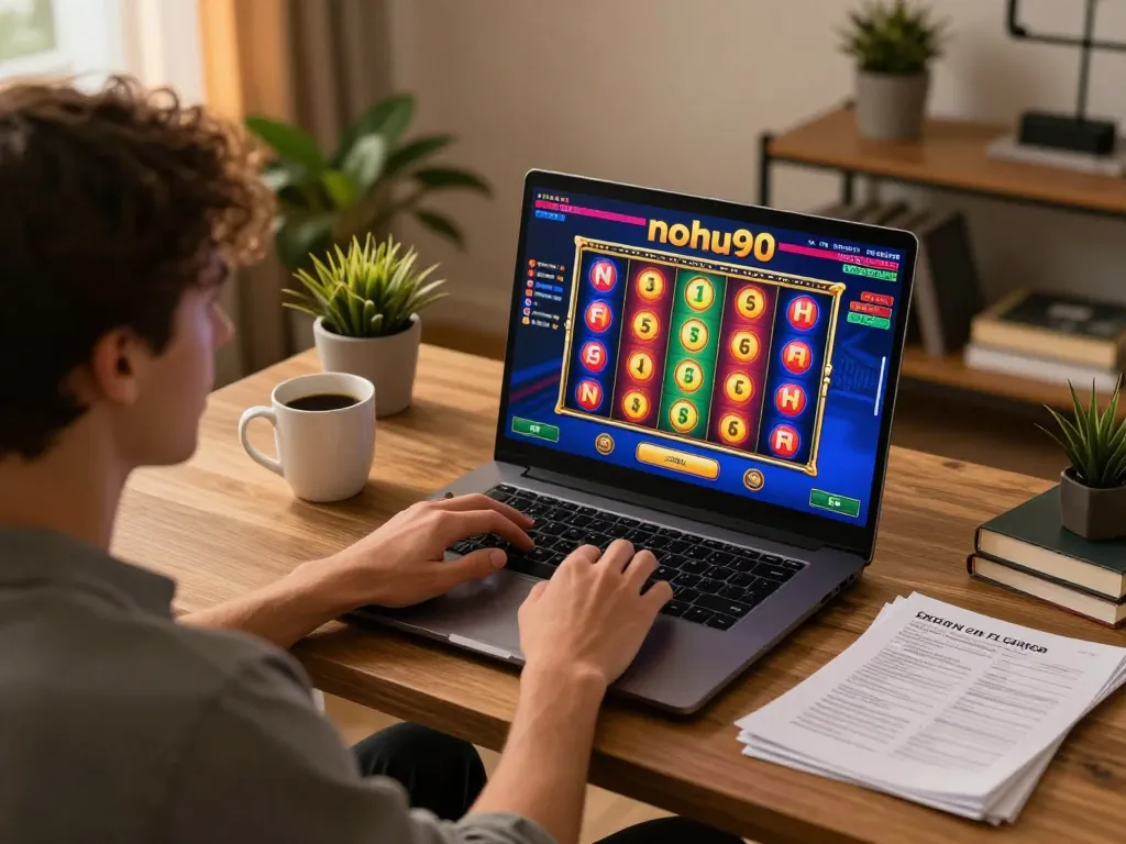 Nohu90 user engaged in online slots gaming, enjoying a cozy home setup with strategy notes.