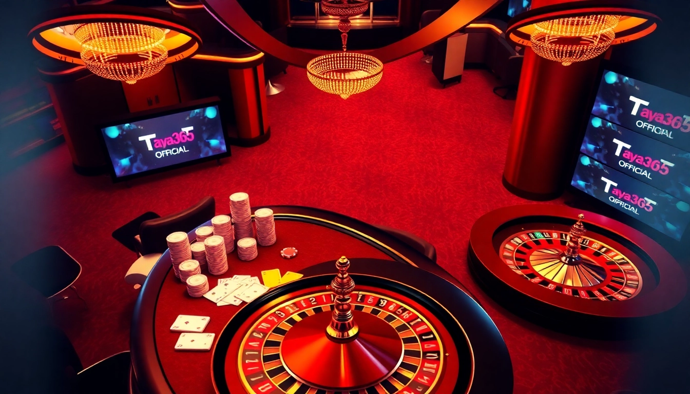 Taya365 Official casino scene featuring poker chips and a roulette wheel, inviting players to join the excitement.