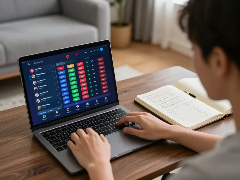 Person placing strategic bets on fabet online platform using laptop and notebook