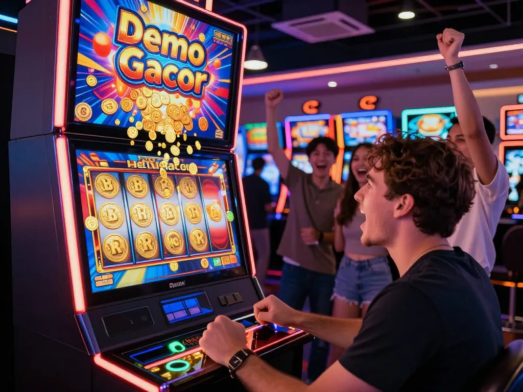 Player celebrating a win on Demo Gacor slot machine in vibrant casino atmosphere.
