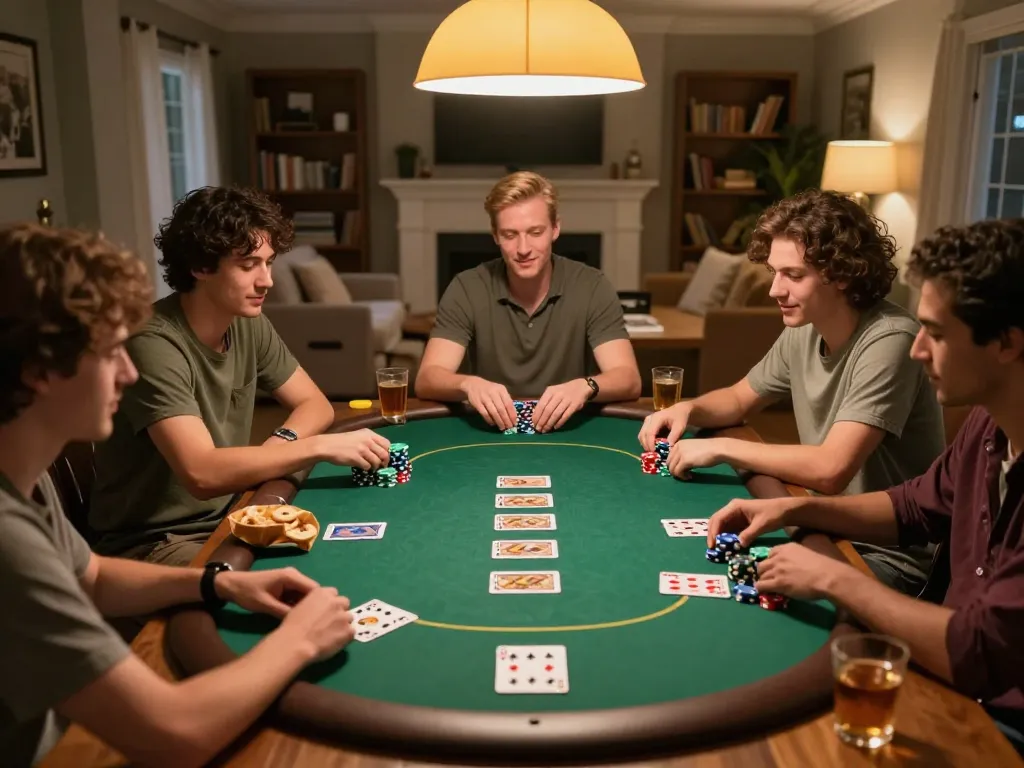 Pemain menikmati permainan poker yang mendebarkan di rumah, menunjukkan kebersamaan dan strategi dengan Planet77.