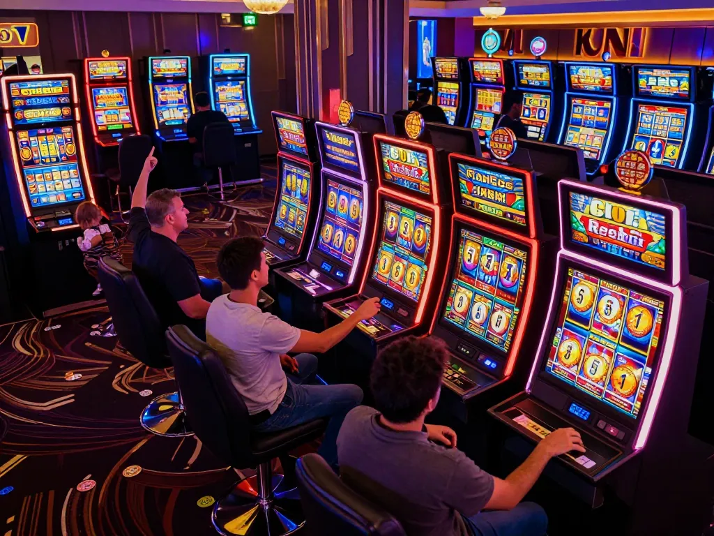 Engaged players celebrating wins on Slot Resmi machines in a vibrant casino setting.